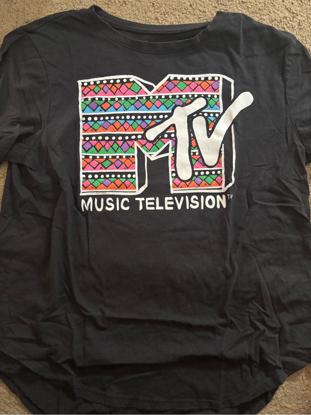 MTV Black Tee with Pink, Green, Orange and Blue Patterned Logo